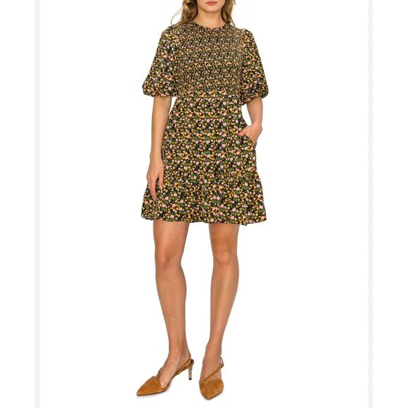 Melloday women’s Black Floral Smocked Dress Puff Sleeve Large - Picture 1 of 5